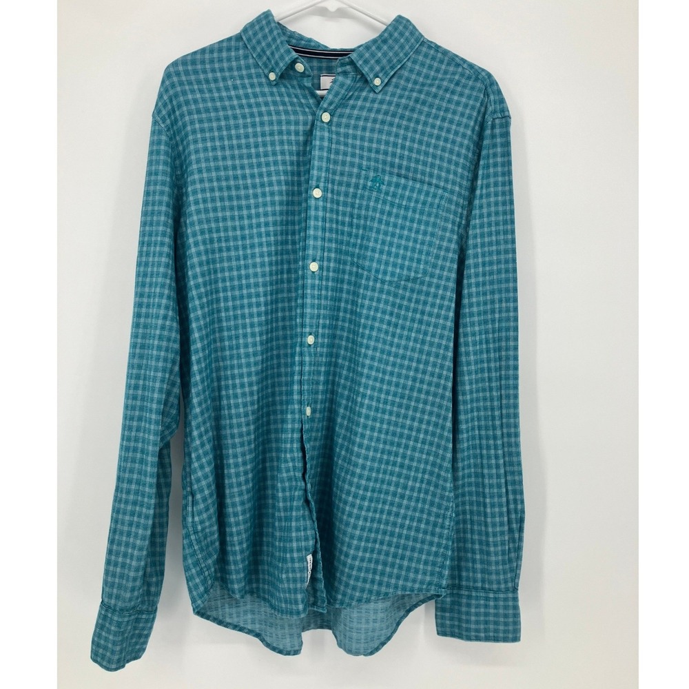 Original Penguin Mens Teal Gingham Long Sleeve Button Down Shirt Size L Heritage